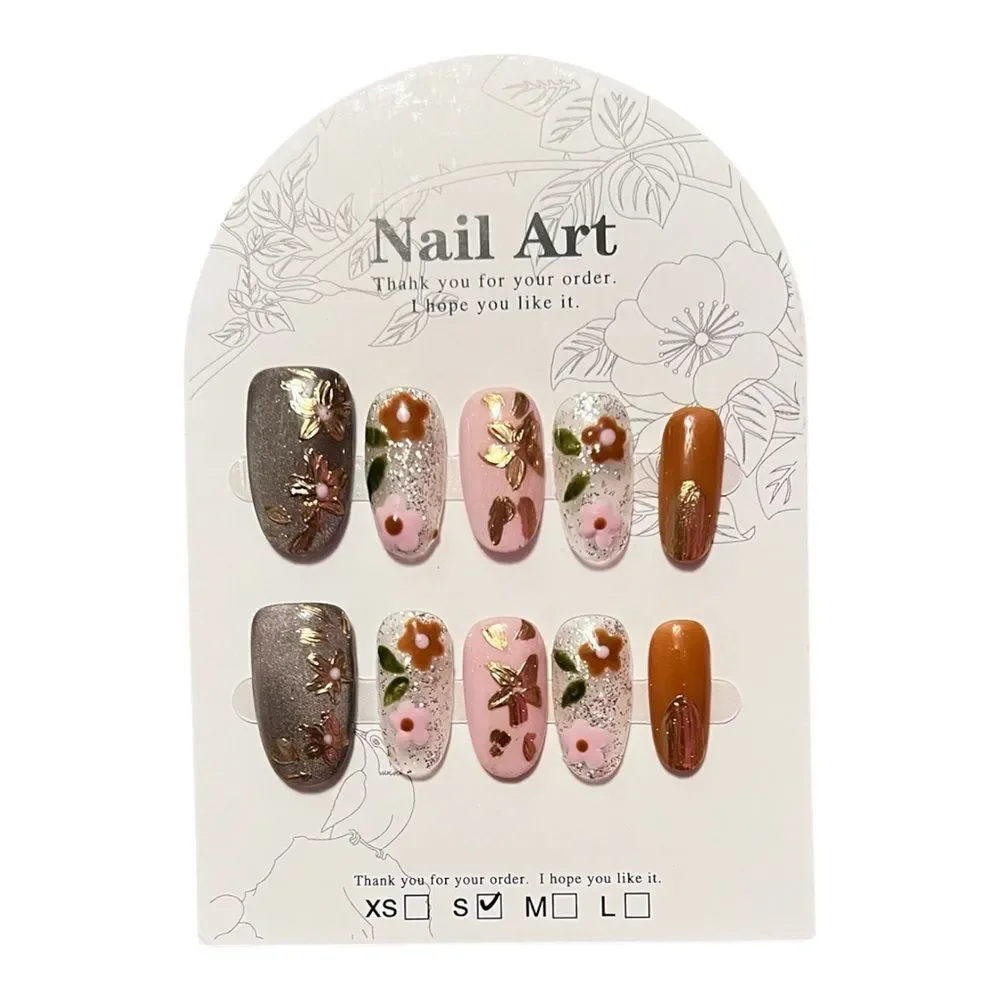 Stylish Handmade Multicolor Floral Oval Shape Press-On Nails Size S